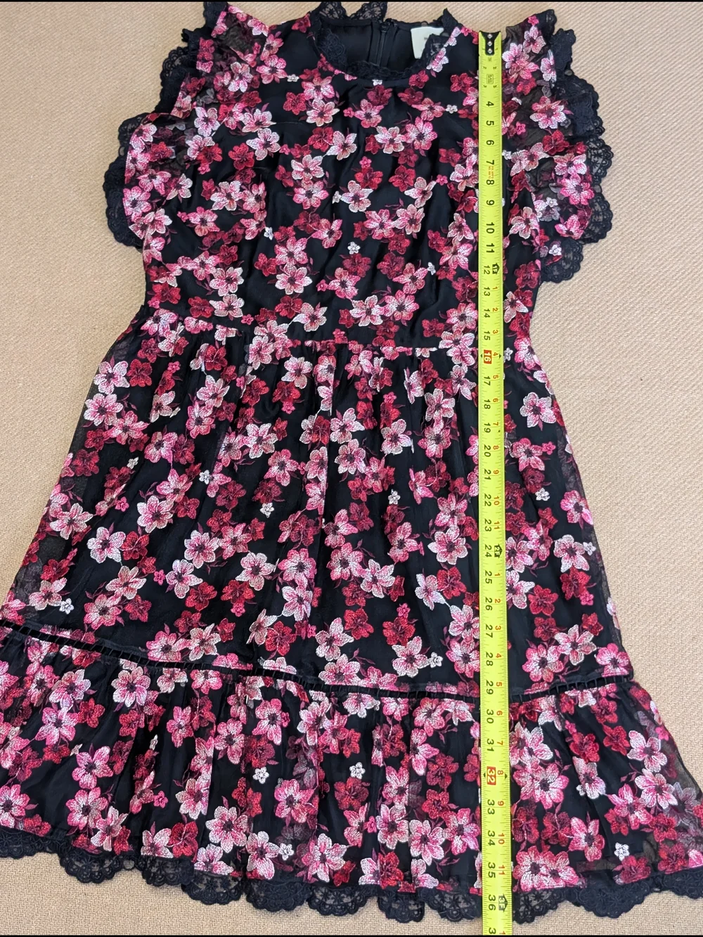 Kate Spade Black and Pink Floral Embroidered Tulle Flutter Sleeve Mini Dress